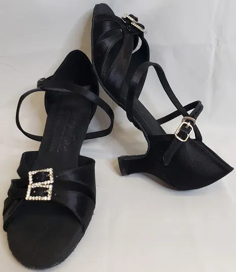 2.25" Jasmine -- Wide Heel Latin Sandal -- Black Satin