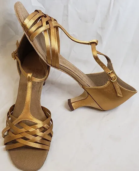 2.25" Marlee -- Flare Heel Latin Sandal -- Tan Satin