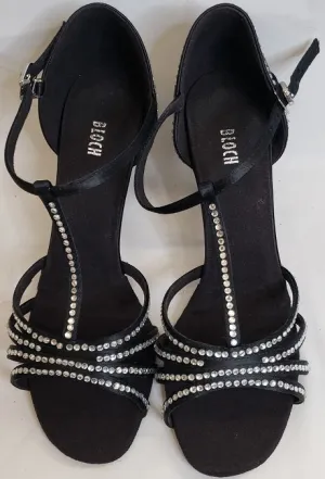 2.5" Guilia -- Flare Heel Latin Sandal with Rhinestones -- Black Satin