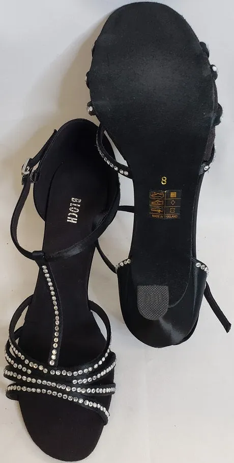 2.5" Guilia -- Flare Heel Latin Sandal with Rhinestones -- Black Satin