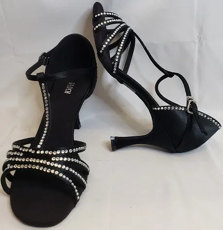 2.5" Guilia -- Flare Heel Latin Sandal with Rhinestones -- Black Satin