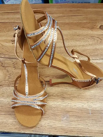 2.5" Guilia -- Flare Heel Latin Sandal with Rhinestones -- Dark Tan Satin