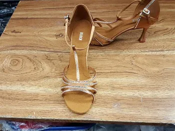 2.5" Guilia -- Flare Heel Latin Sandal with Rhinestones -- Dark Tan Satin