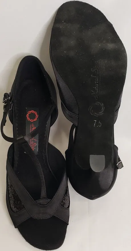 2.5" Jeannie-- Flare Heel Latin Sandal -- Black Satin