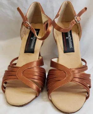 2.5" Wakely -- Women's Flare Heel Latin Sandal -- Dark Tan Satin