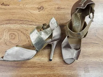 3.5" Jorjet -- Women's Flare Heel Latin Sandal -- Tan Satin/Gold Snake