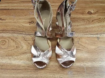 3" Isabel -- Women's Flare Heel Latin Sandal -- Rose Gold/Tan Satin