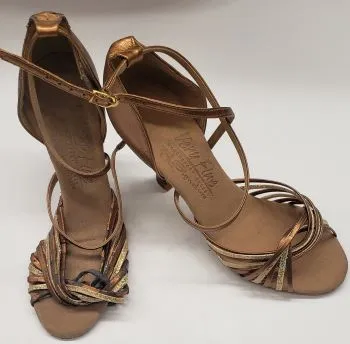 3" Jessica -- Flare Heel Latin Sandal -- Gold Scale/Dark Tan
