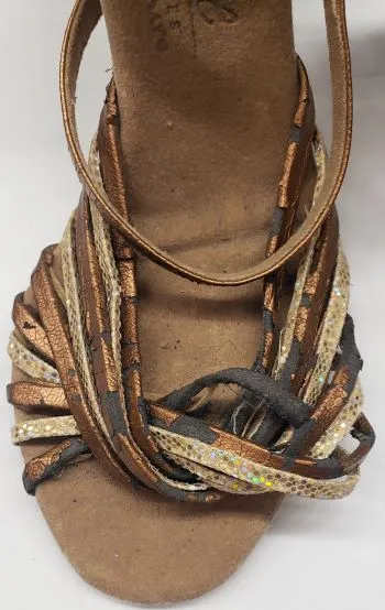 3" Jessica -- Flare Heel Latin Sandal -- Gold Scale/Dark Tan