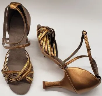 3" Jessica -- Flare Heel Latin Sandal -- Gold Scale/Dark Tan