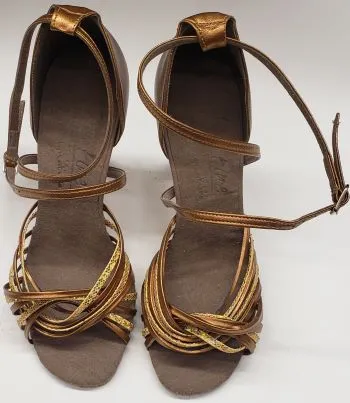 3" Jessica -- Flare Heel Latin Sandal -- Gold Scale/Dark Tan