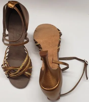 3" Jessica -- Flare Heel Latin Sandal -- Gold Scale/Dark Tan