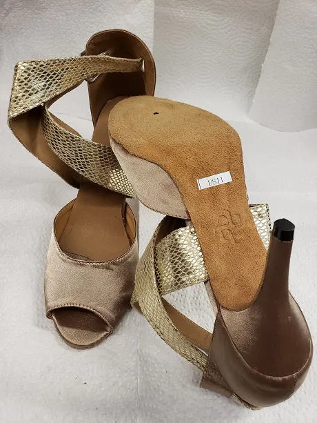 4" Jorjet -- Women's Flare Heel Latin Sandal -- Tan Satin/Gold Snake