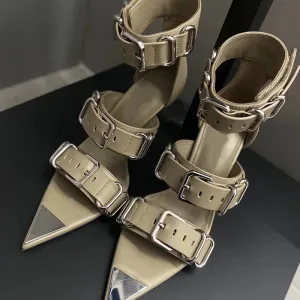 Amozae-Pointed Toe High Heels Women Belt Buckle Fashion Designer Sandals Open-toe Metal Buckle Roman Sandals Sexy Punk Sandals Women
