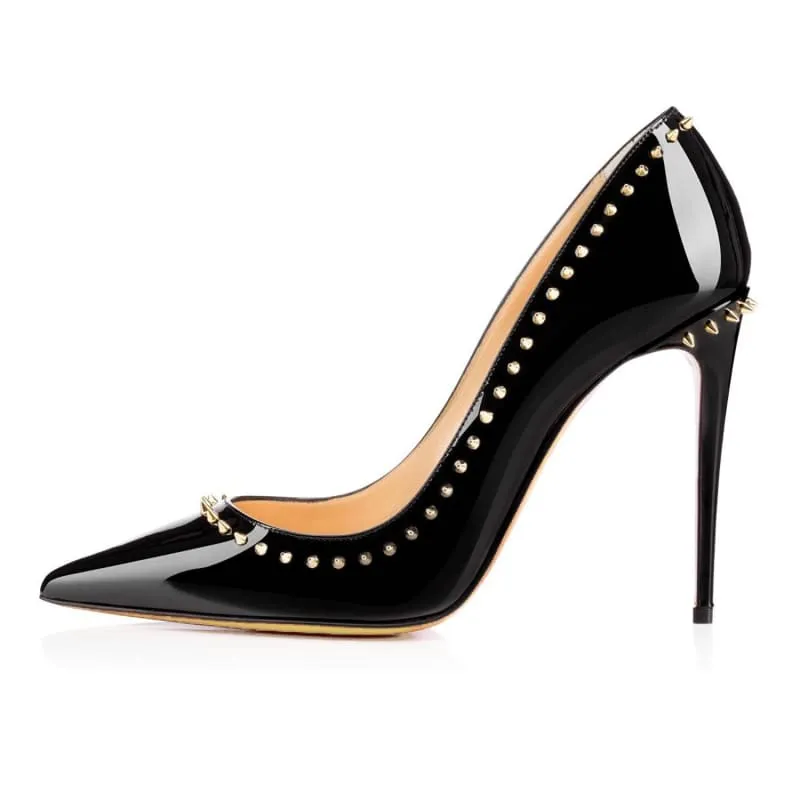 Black Patent Leather Pointed Toe Studded High Heel Unisex Pumps