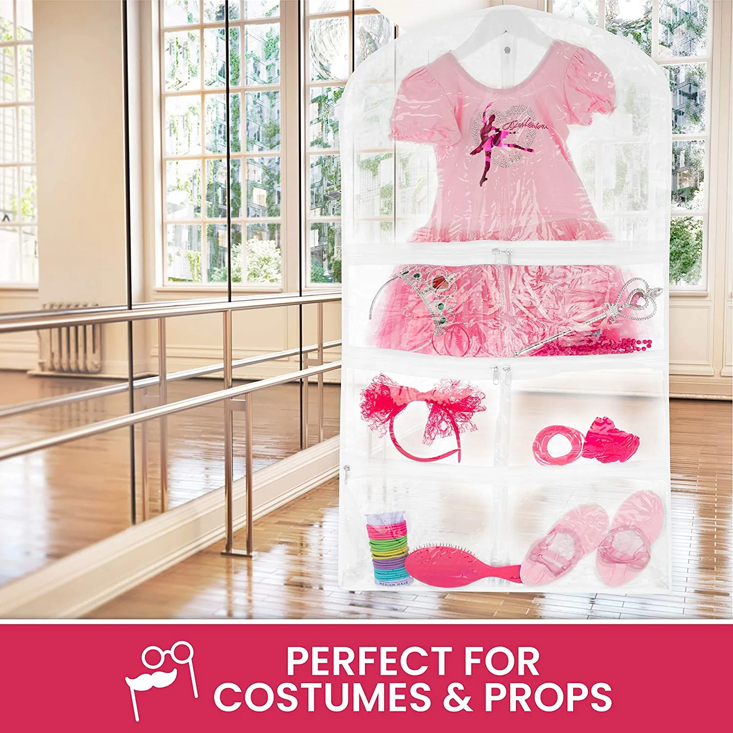 Clear Dance Costume Garment Bag 22 inch x 40 inch x 4 Inch  With 5 Pockets