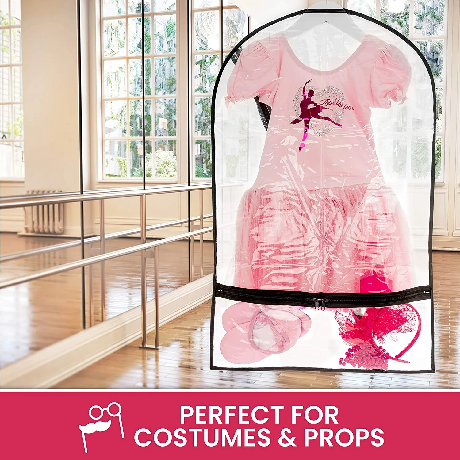 Clear Dance Costume Garment Bag with Pockets for Kids with Durable Diagonal Zipper Transparent