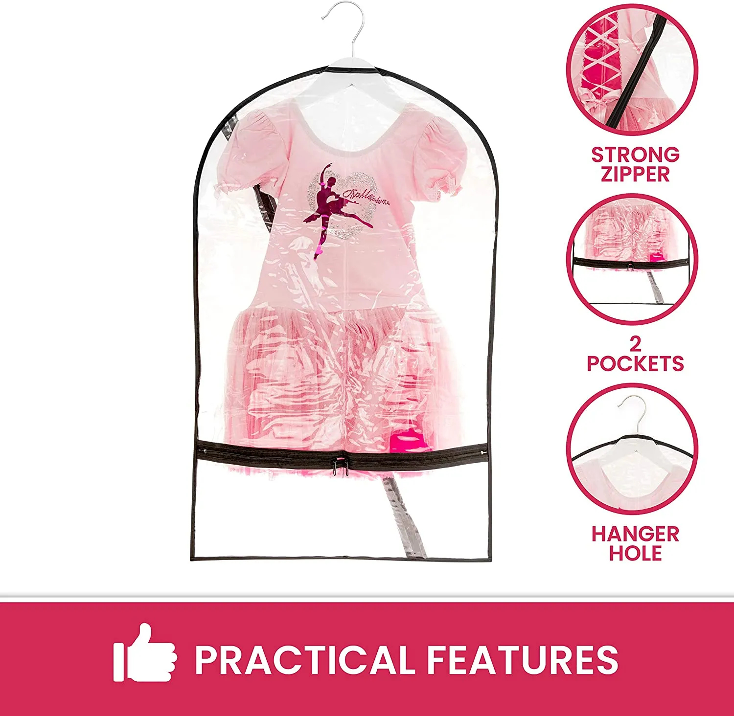 Clear Dance Costume Garment Bag with Pockets for Kids with Durable Diagonal Zipper Transparent