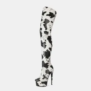Cow Print Thigh Length Platform Boots for Standout Style