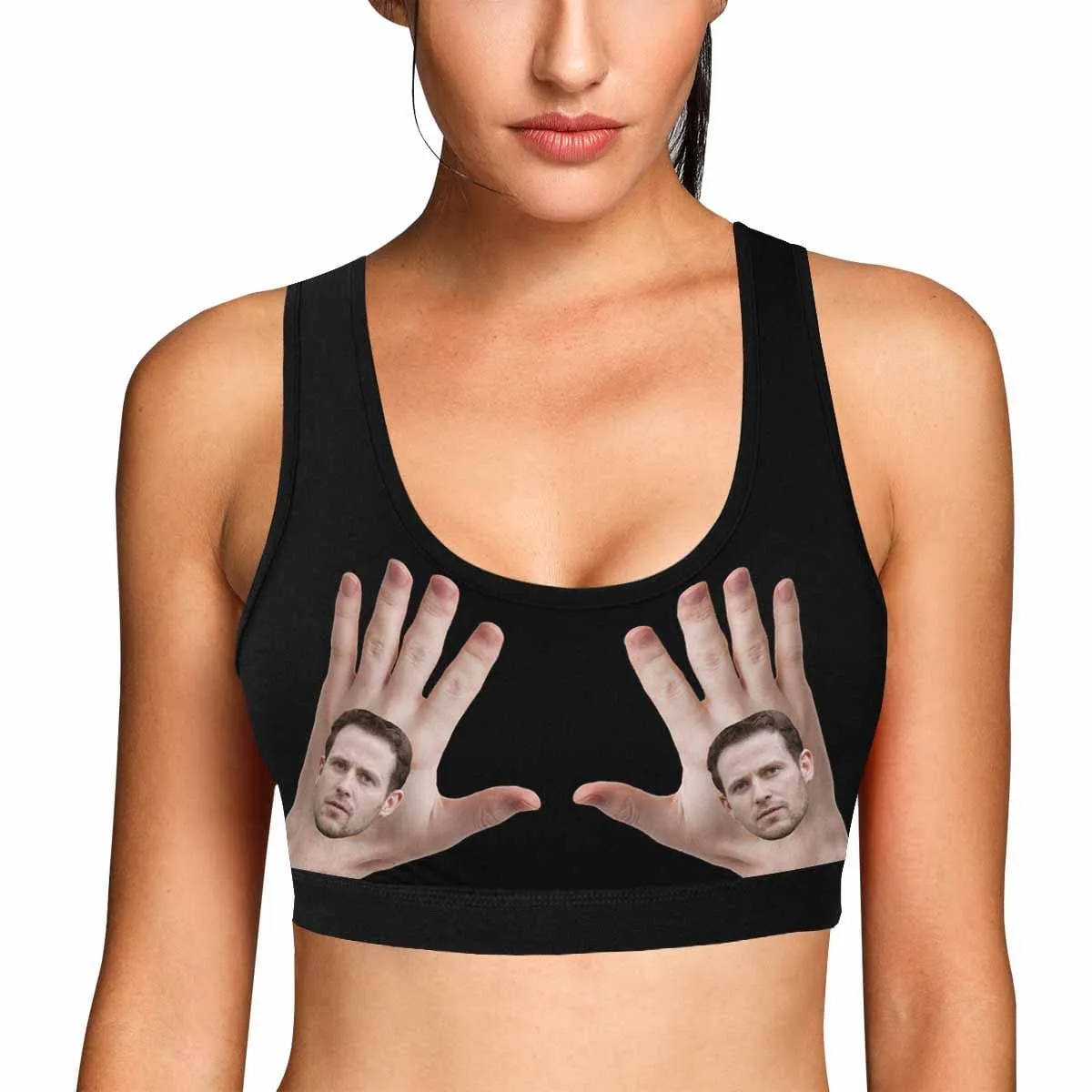 Custom Boyfriend Face Hand Black Background Sports Bra Personalized Women's All Over Print Yoga Sports Bra