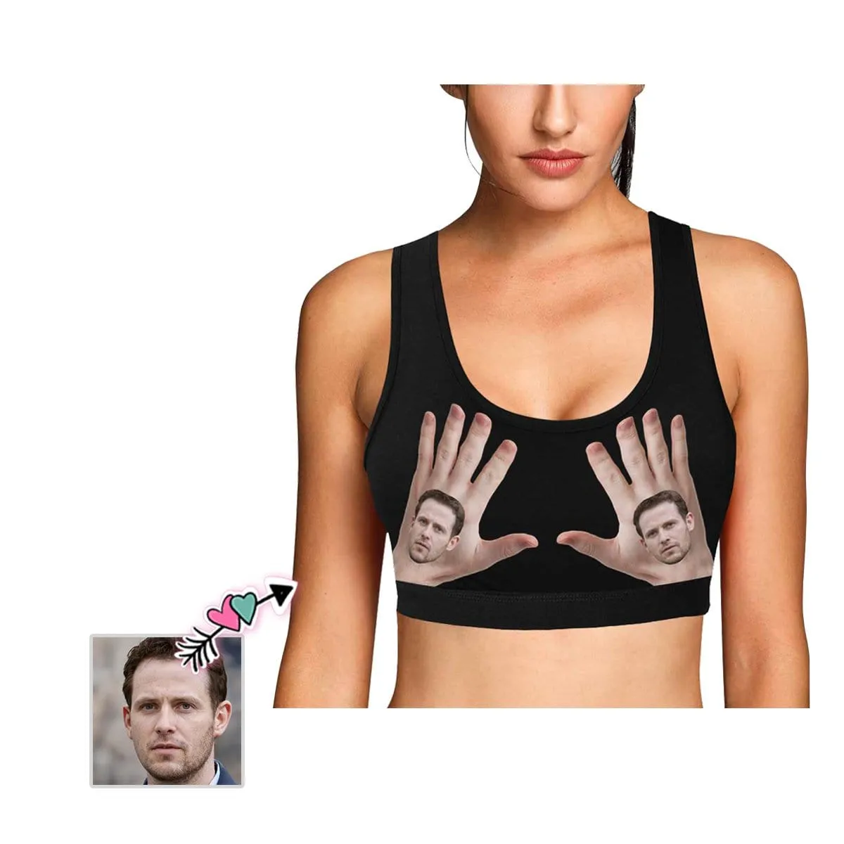 Custom Boyfriend Face Hand Black Background Sports Bra Personalized Women's All Over Print Yoga Sports Bra