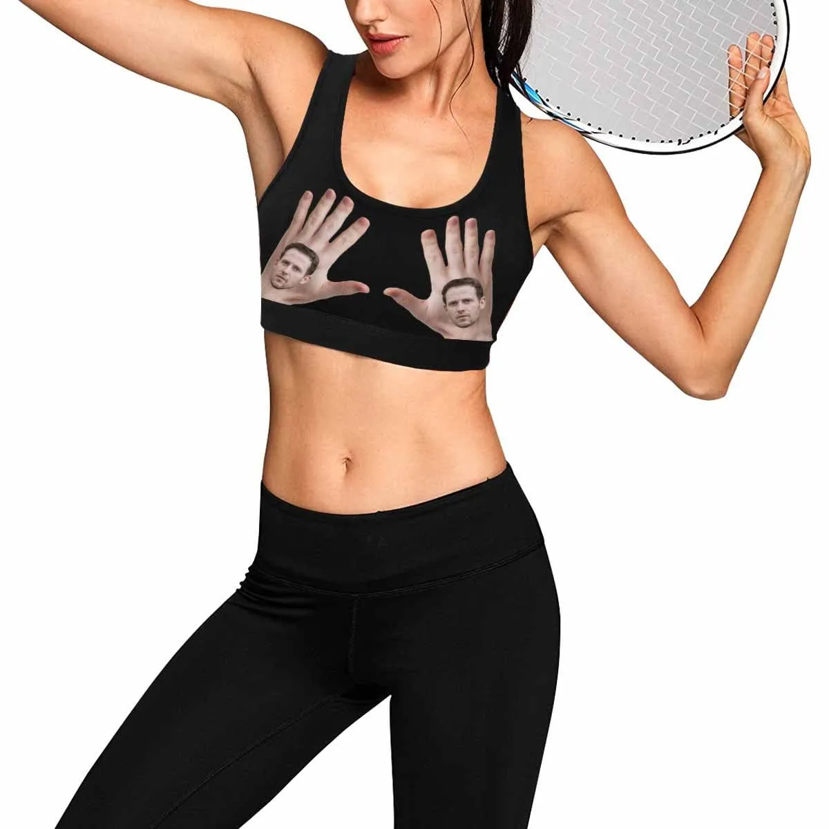 Custom Boyfriend Face Hand Black Background Sports Bra Personalized Women's All Over Print Yoga Sports Bra
