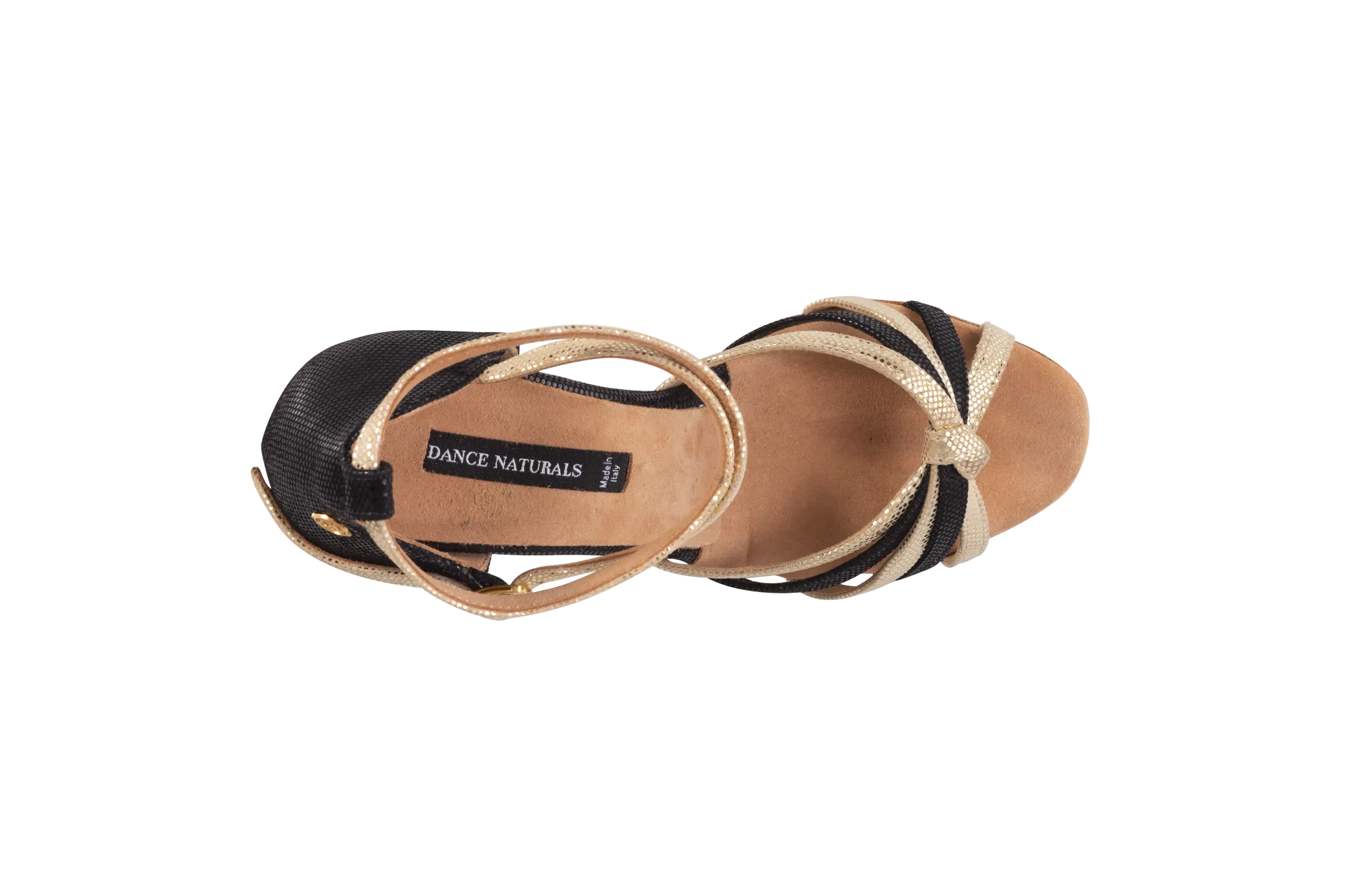 Dance Naturals 22 Laguna Black/Gold Fish Latin Dance Shoe with Center Knot and Double Ankle Strap