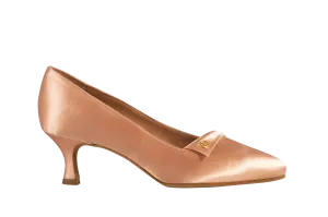 Dance Naturals 400 Lucietta Flesh Satin Rounded Toe Ballroom Shoe Embellished by a Fine Lapel