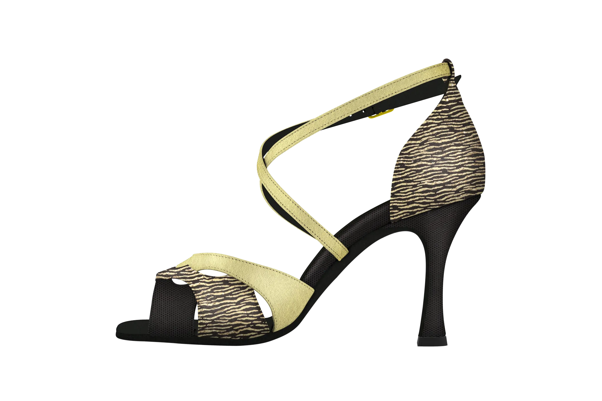 Dance Naturals 73 Celestia Gold Zebra Print and Black Ladies Tango Dance Shoe with Cutouts and Crossed Strap