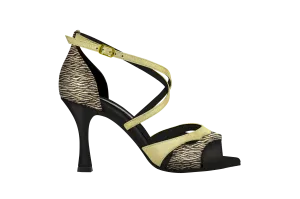 Dance Naturals 73 Celestia Gold Zebra Print and Black Ladies Tango Dance Shoe with Cutouts and Crossed Strap