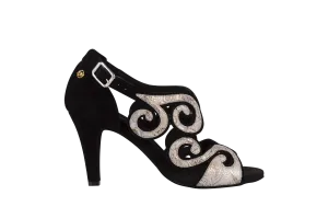 Dance Naturals 85T Dolse Black Suede and Gold/Silver Egypt Print Open Toe Ladies Tango Dance Shoe