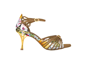 Dance Naturals 885 Venezia Comics Print Latin Dance Shoe with Decorative Strap, Swarovski Crystal Buckle, and Gold Metal Heel