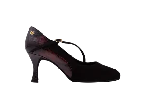 Dance Naturals 91 Zenda Ladies Black Suede and Dark Red Snakeskin Ballroom Dance Shoe with Diagonal Strap