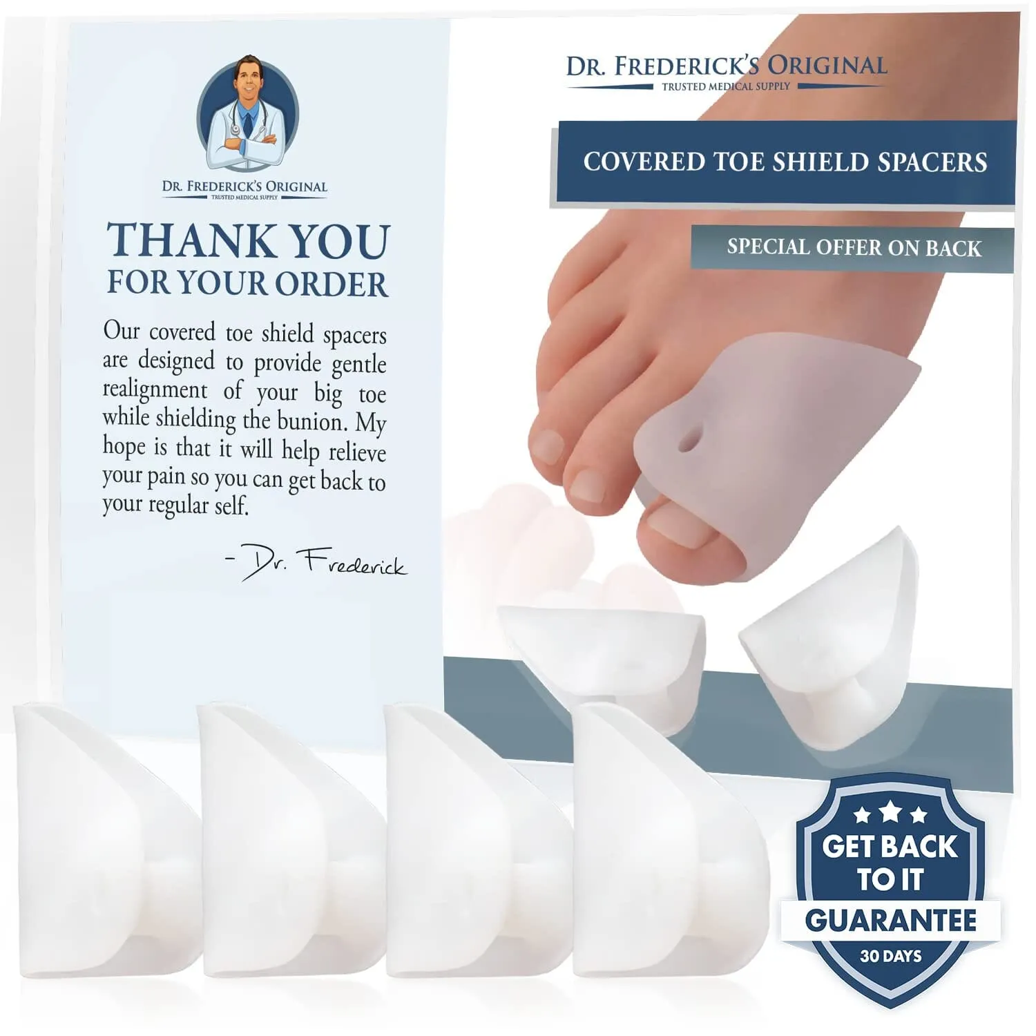 Dr. Frederick's Original Covered Toe Spacers - Gel Shields - 4 Pieces - Bunion Pain Relief