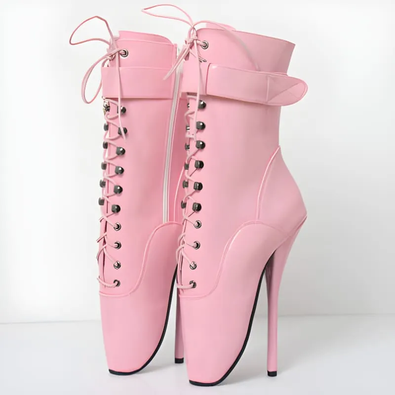 Extreme High-heeled Lace-up Ankle Boots in Black Leather