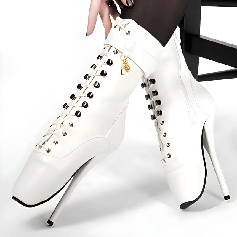 Extreme High-heeled Lace-up Ankle Boots in Black Leather