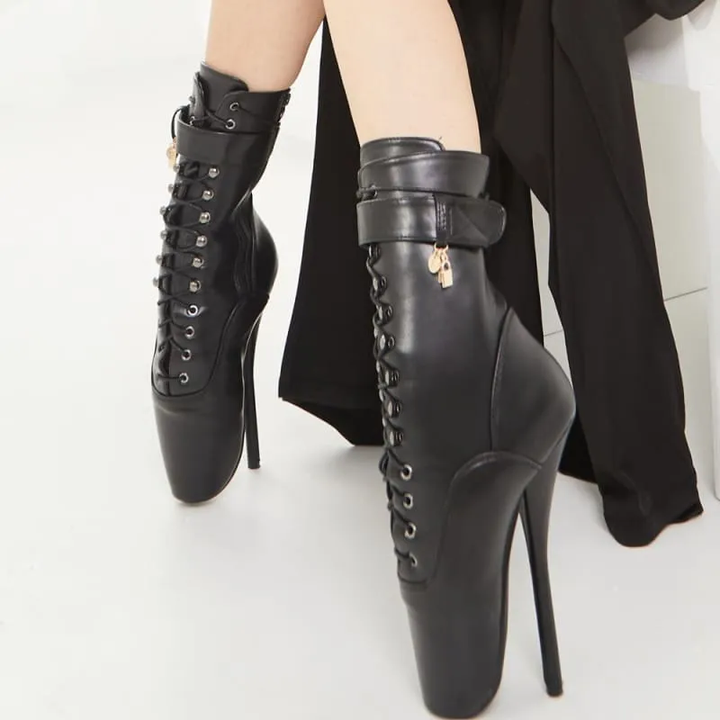 Extreme High-heeled Lace-up Ankle Boots in Black Leather