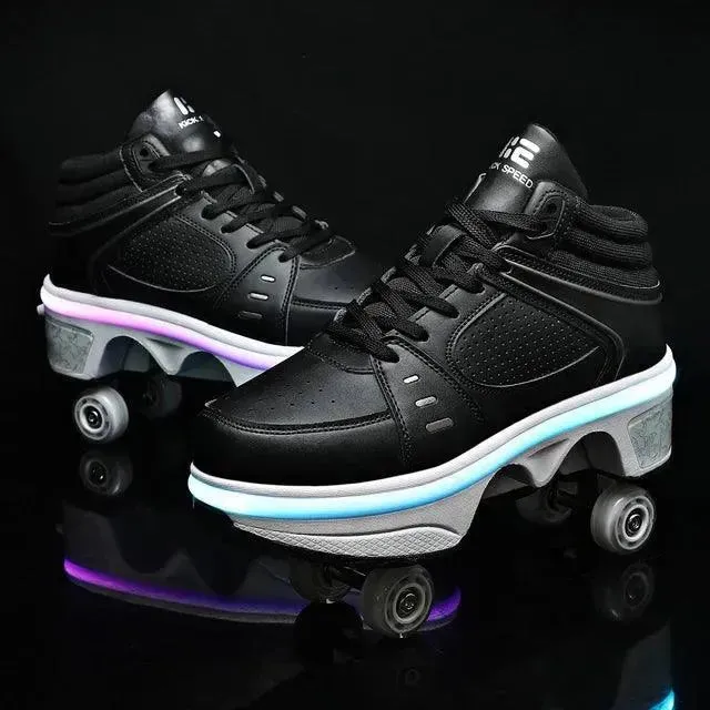 Flash LED Kick Speed Four-Wheel 2 in 1 Deformation Roller Skate Shoes