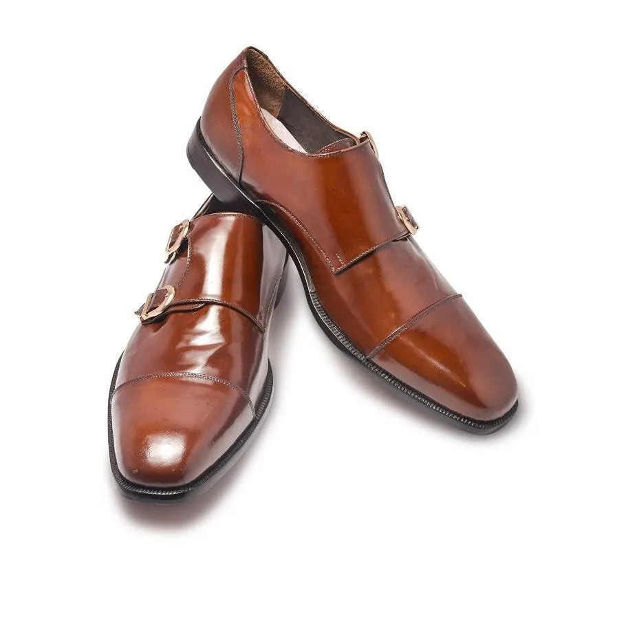 Men Brown Double Monk Genuine Leather Shoes