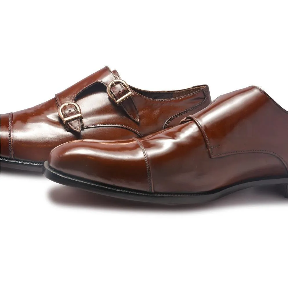 Men Brown Double Monk Genuine Leather Shoes
