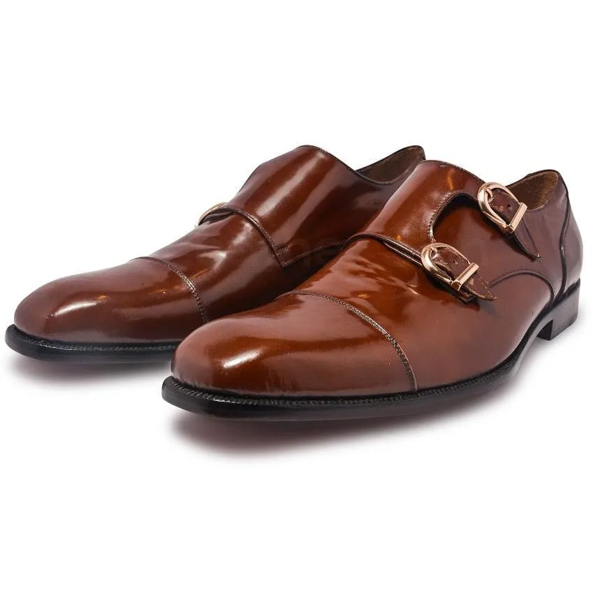 Men Brown Double Monk Genuine Leather Shoes
