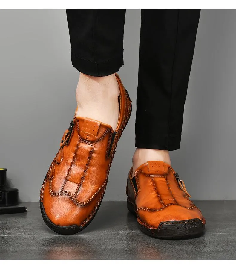 Men Side Zipper Comfy Hand Stitching Casual Leather Shoes