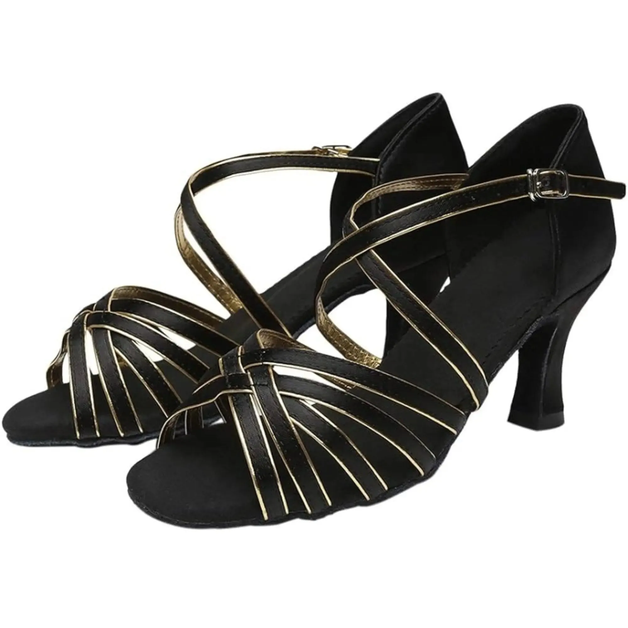Modern Latin Ballroom Dance Shoes with Gold Satin