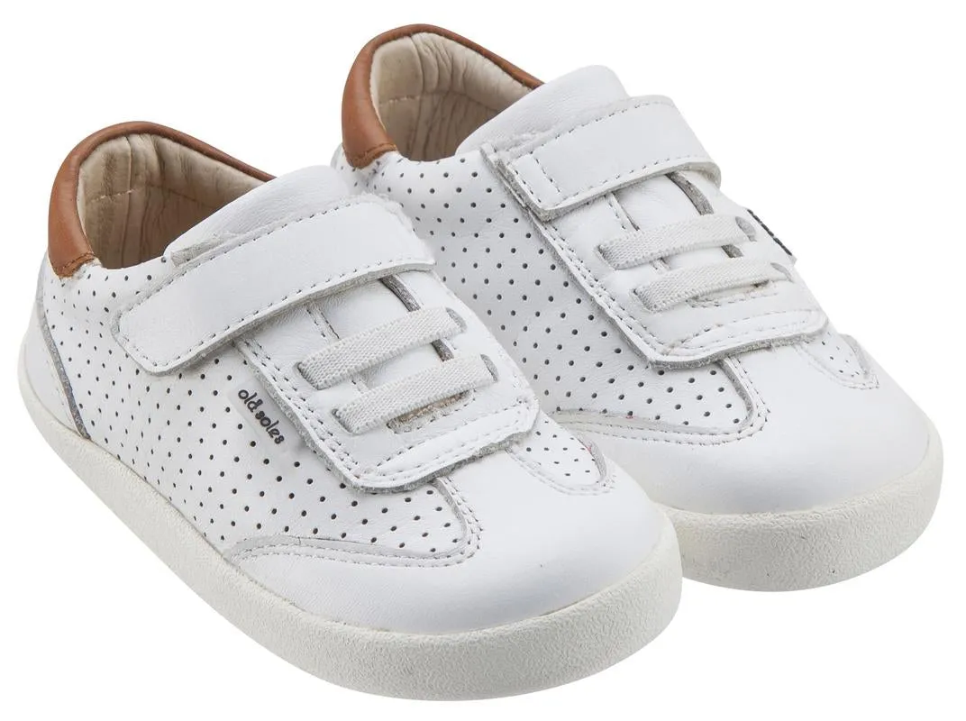 Old Soles Girl's & Boy's 5013 Mr Lee White and Tan Leather Slip On Sneaker Shoe with Hook and Loop Strap