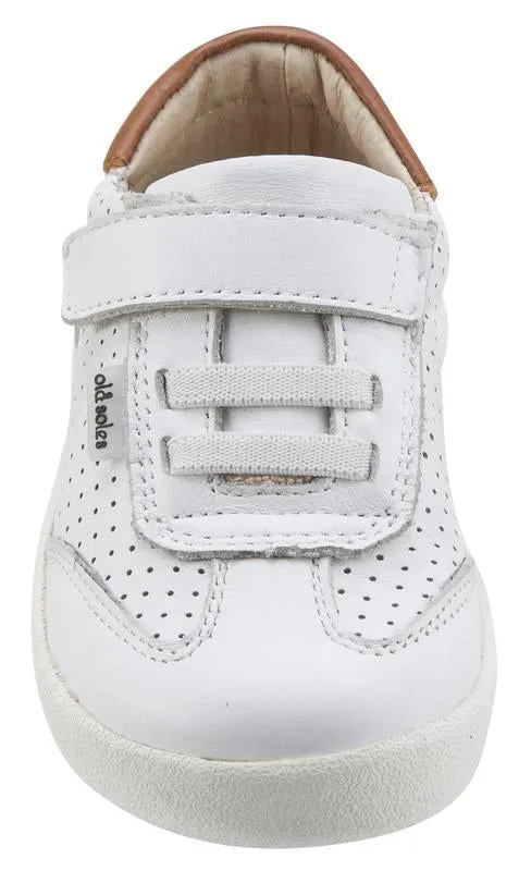 Old Soles Girl's & Boy's 5013 Mr Lee White and Tan Leather Slip On Sneaker Shoe with Hook and Loop Strap