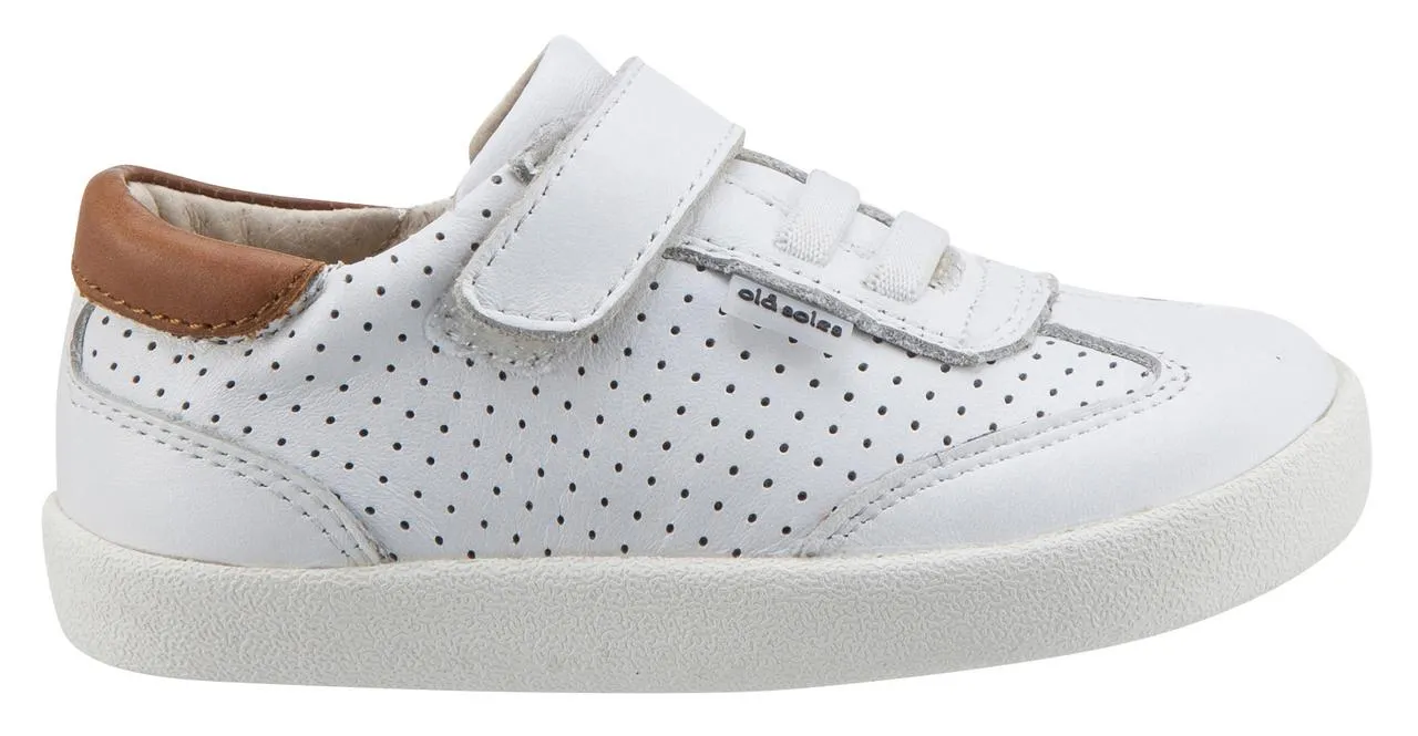 Old Soles Girl's & Boy's 5013 Mr Lee White and Tan Leather Slip On Sneaker Shoe with Hook and Loop Strap