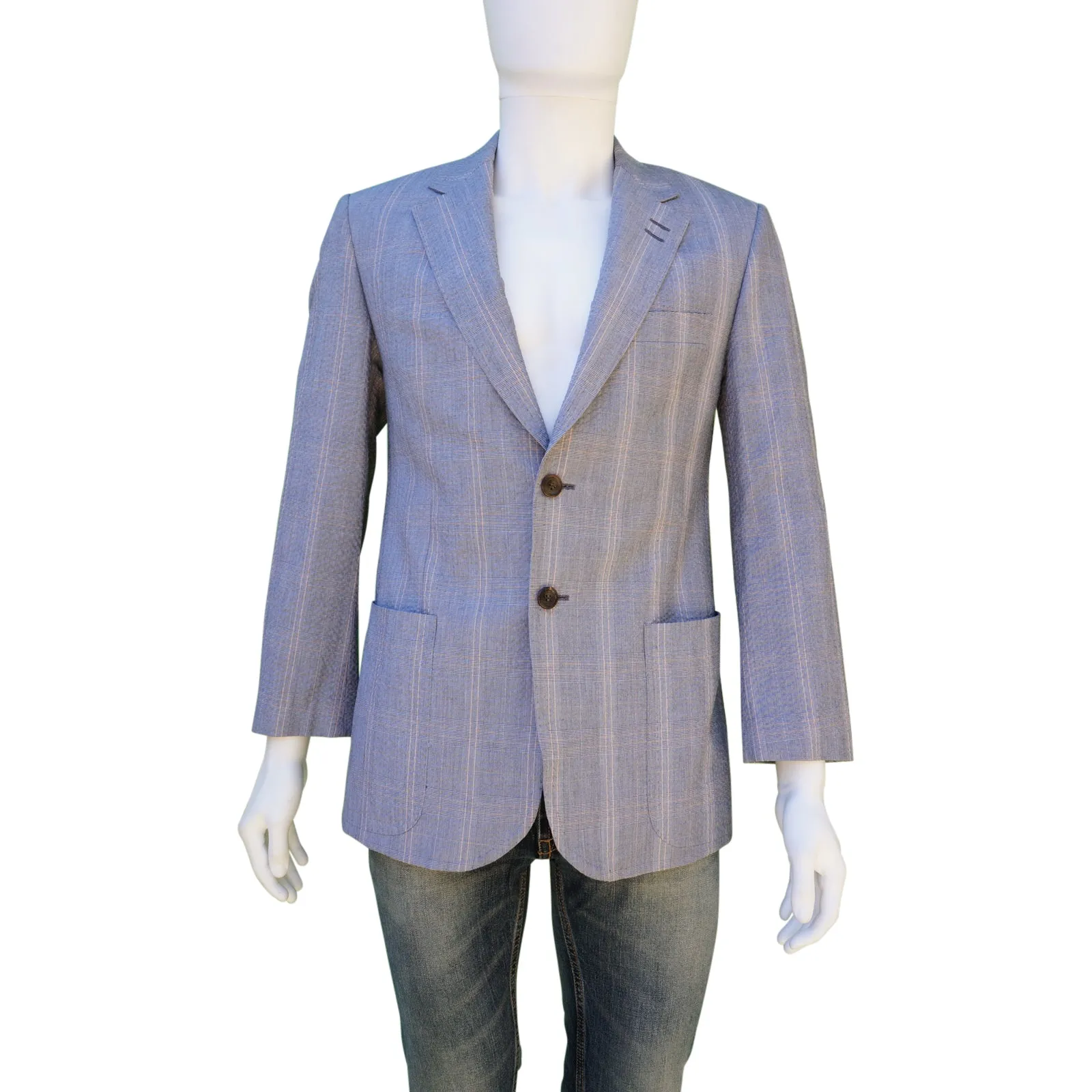 PAUL SMITH BLUE PLAID COTTON SEERSUCKER SPORT COAT