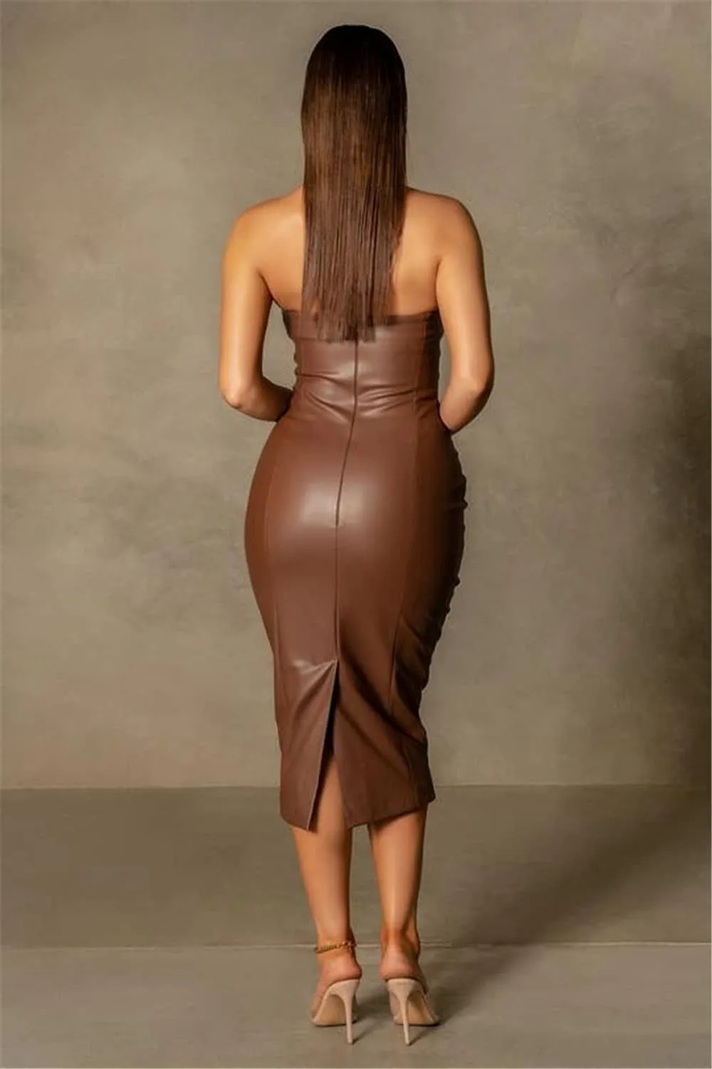Sleek Faux Leather Off-Shoulder Bodycon Midi Dress for Night Out