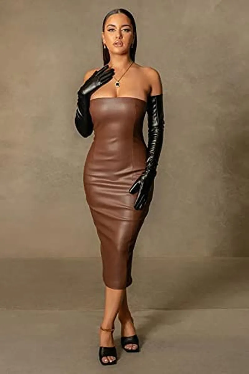 Sleek Faux Leather Off-Shoulder Bodycon Midi Dress for Night Out