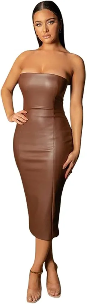 Sleek Faux Leather Off-Shoulder Bodycon Midi Dress for Night Out